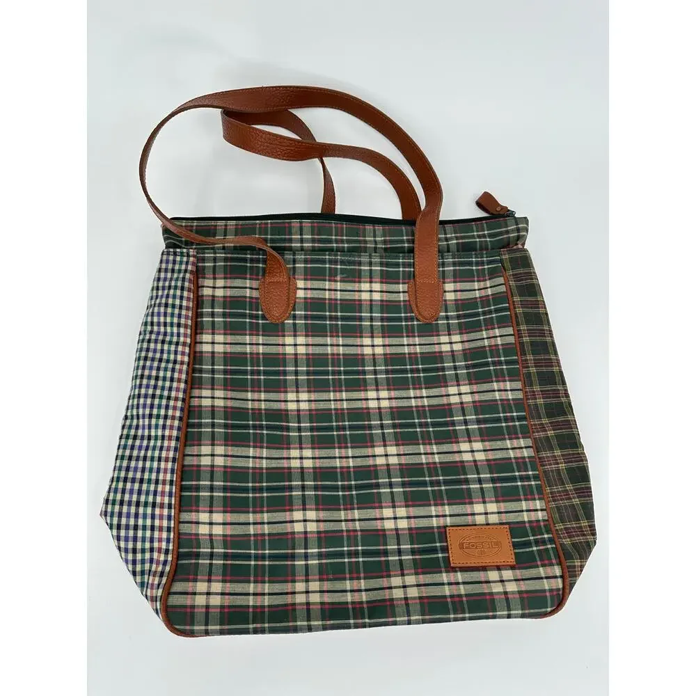 Vintage Fossil Canvas Tote Mixed Plaid Cognac Leather Trim Y2K Zip Top